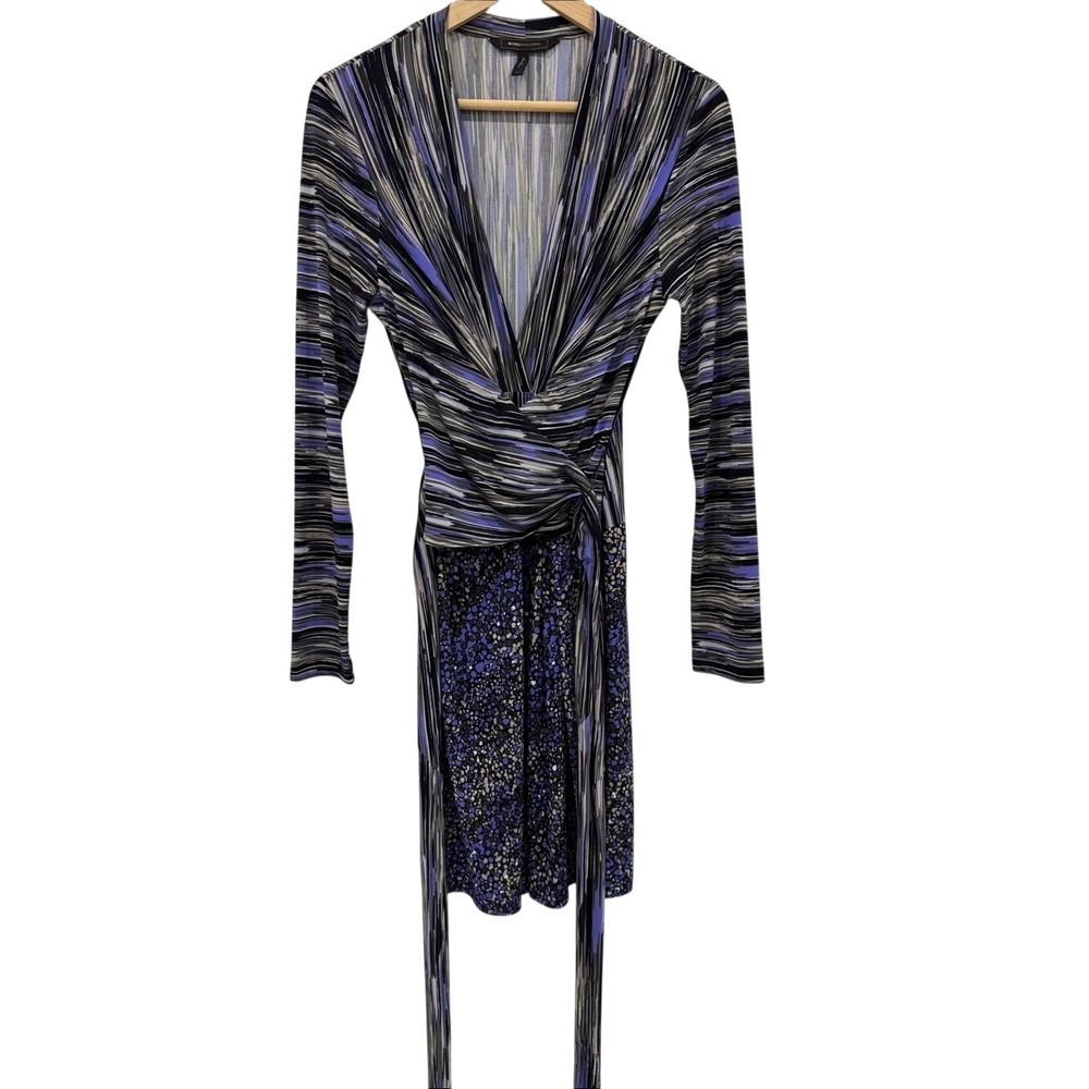 BCBGMAXAZRIA Faux Wrap Mini Dress Blue Purple Abstract Print Long Sleeve Size S